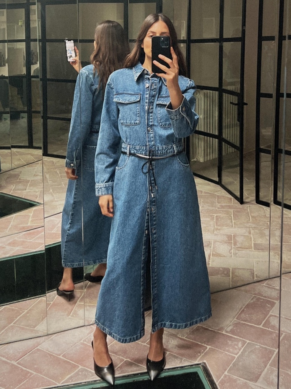 Zara Denim Midi Dress NWT Long Sleeve Stampede Rodeo Size Small